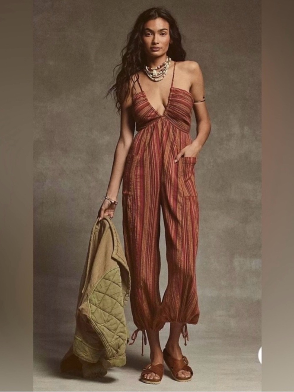 FREE PEOPLE Sundaze For Surfin Jumpsuit In Red Clay Combo M Striped Harlem Gauzy